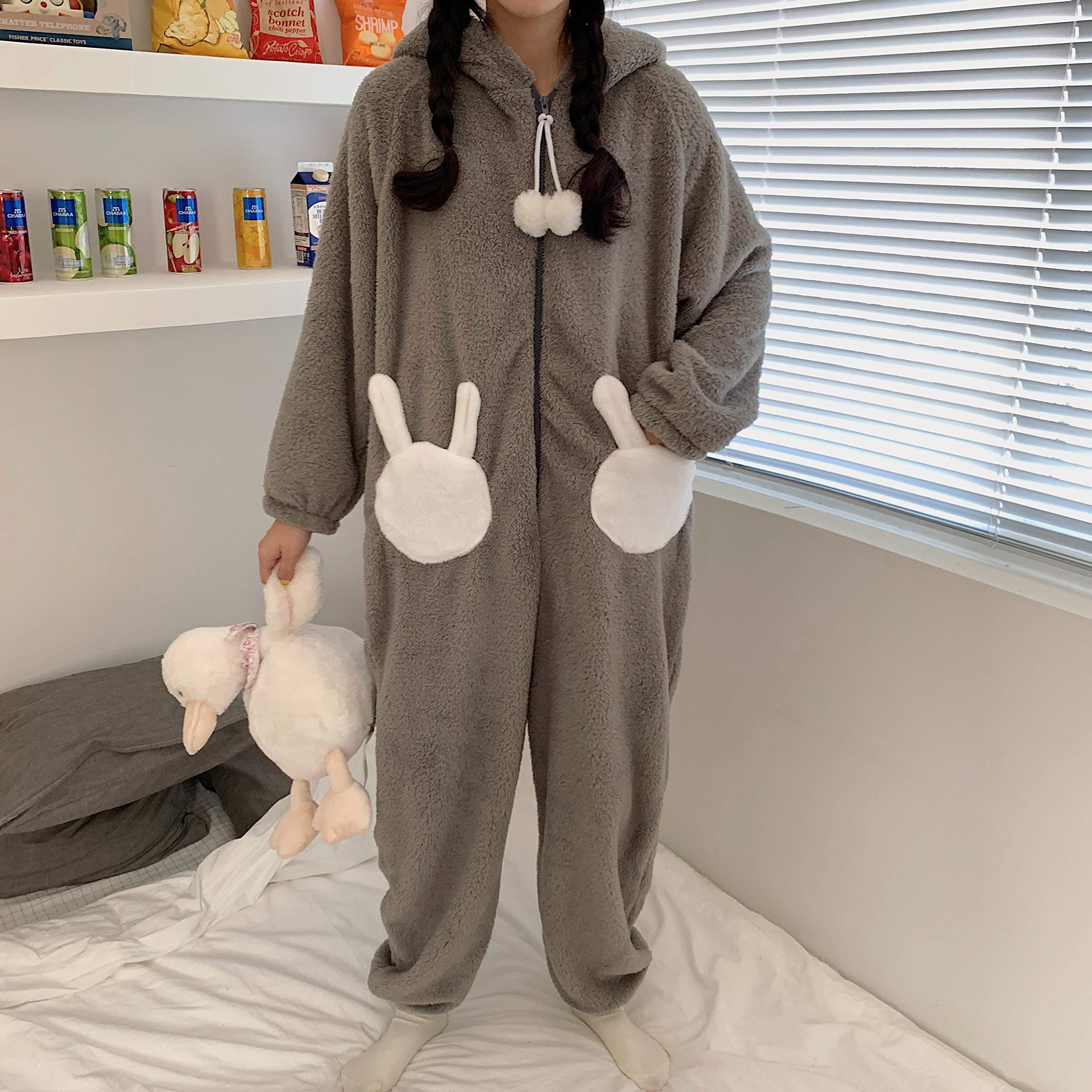 Kawaii Bunny Ears Hooded One Piece Pajamas – Fluffy Fleece Loungewear Jumpsuit for Women